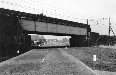 839248 Gezicht op de Provincialeweg tussen Houten en Schalkwijk met het viaduct van de spoorlijn Utrecht-'s-Hertogenbosch.